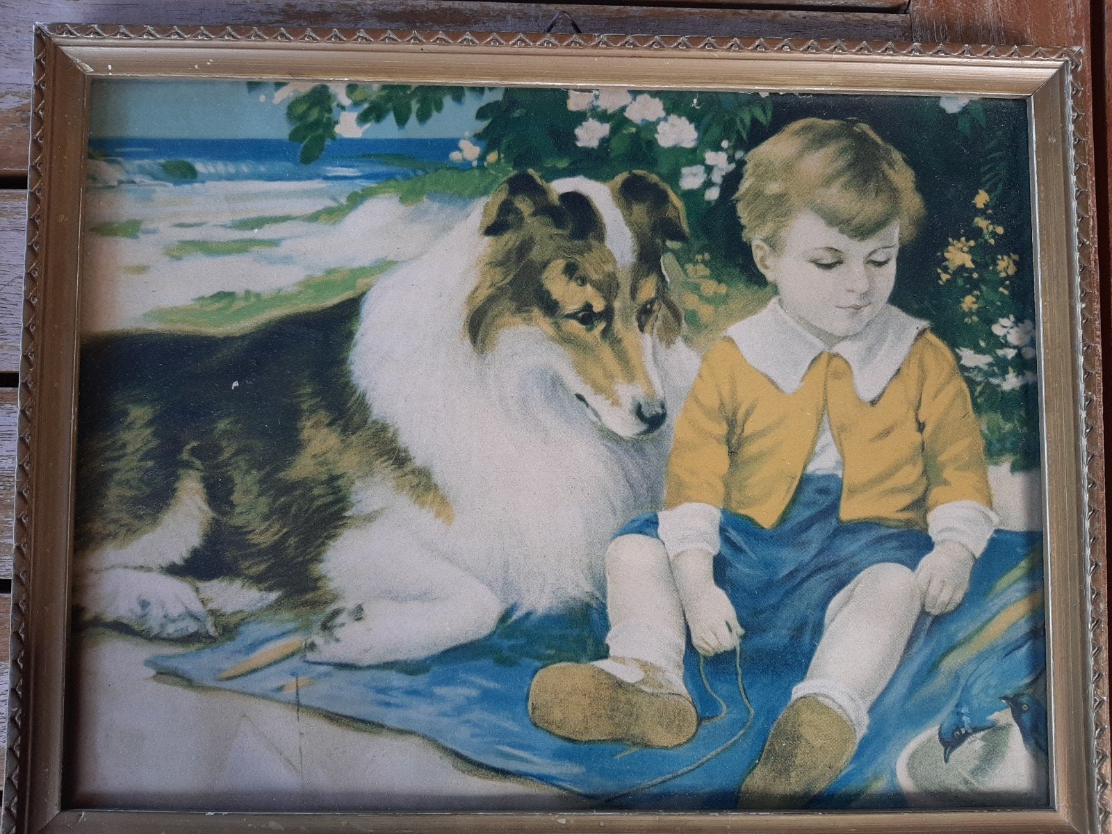 oude prent ,jongen met hond, Ophalen of Verzenden