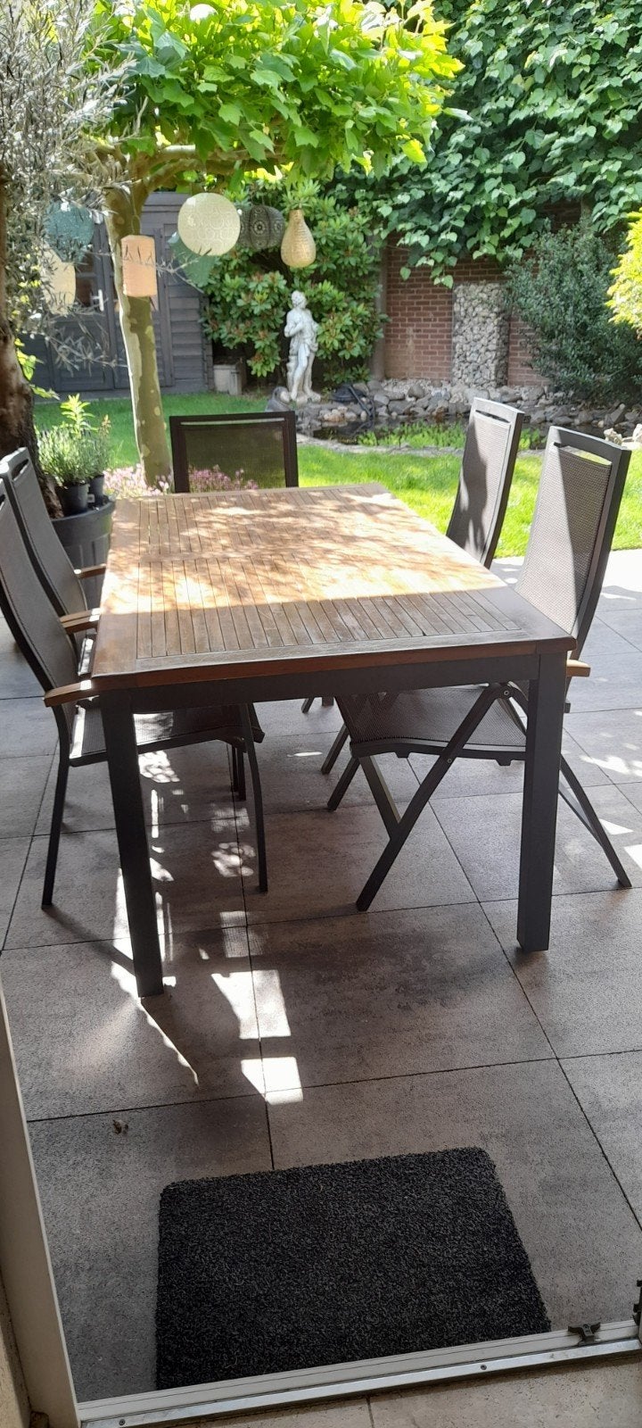 6 delig antracietgrijs tuinset met houten tafelblad, Tuin en Terras, Ophalen, 5 zitplaatsen, Gebruikt, Aluminium