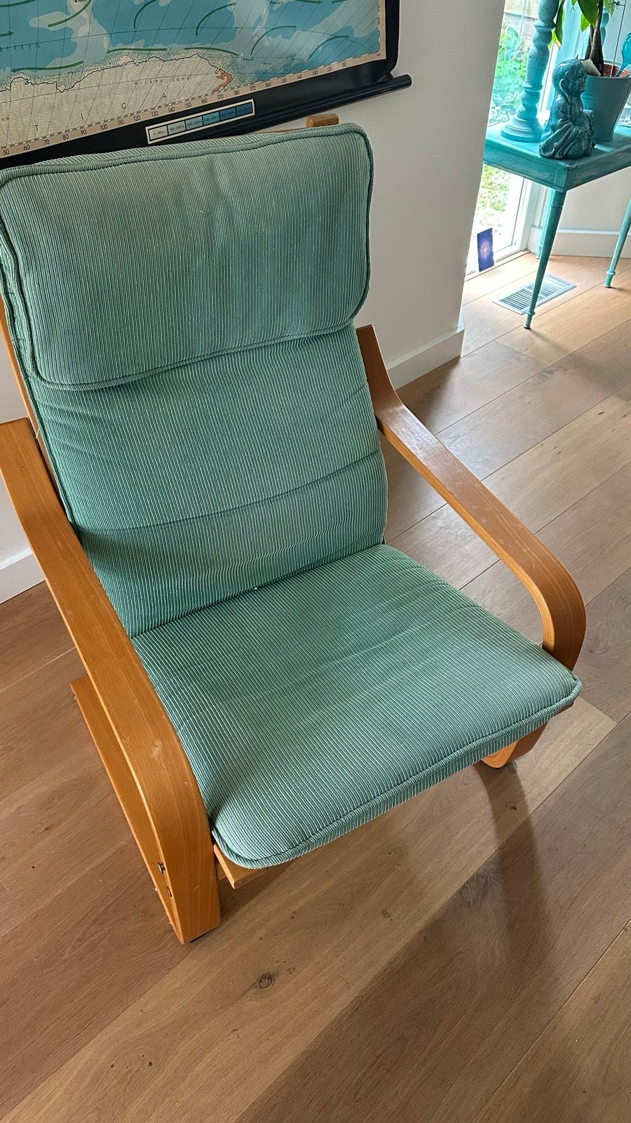 Turquoise ikea fauteuil met houten frame, Ophalen, Gebruikt, Overige kleuren, Eén