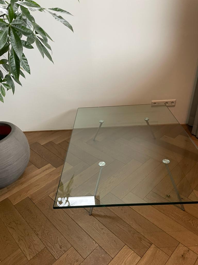 Moderne glazen salontafel (gelaagd glas), Ophalen, Gebruikt, 100 tot 150 cm, 50 tot 100 cm