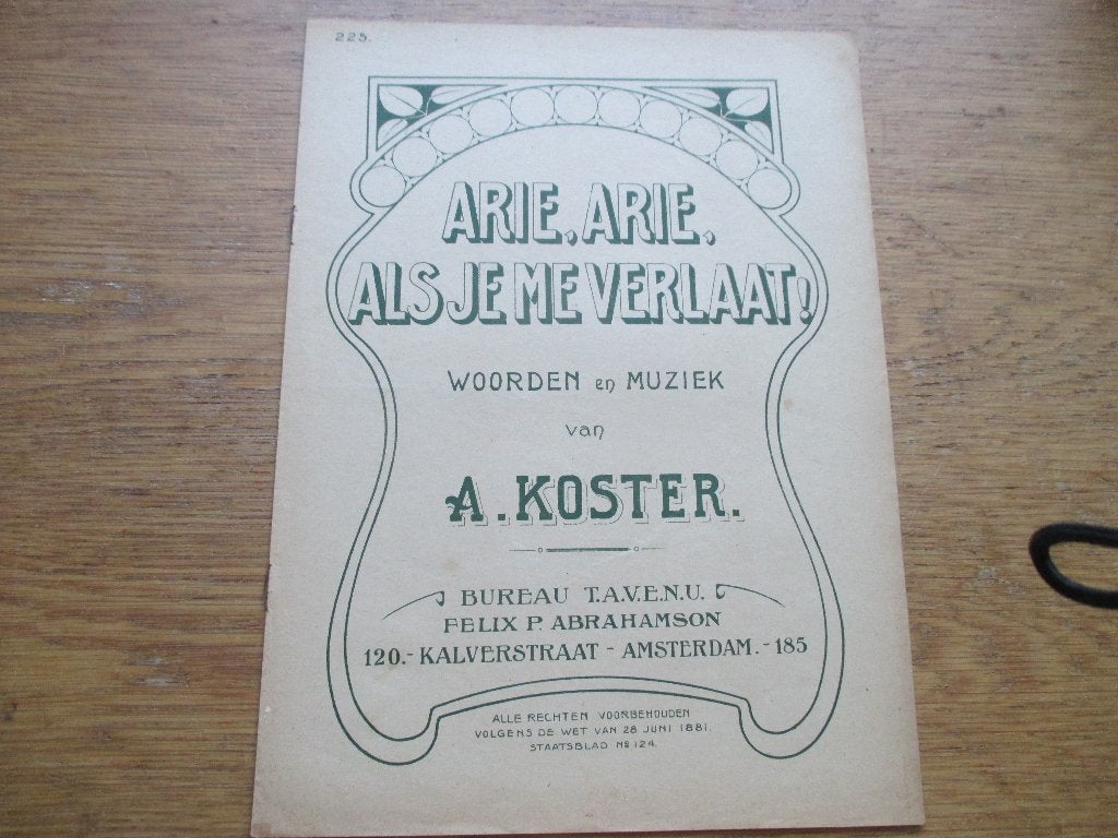 ARIE, ARIE, ALS JE ME VERLAAT - A.KOSTER, Muziek en Instrumenten, Bladmuziek, Piano, Gebruikt, Ophalen of Verzenden, Artiest of Componist