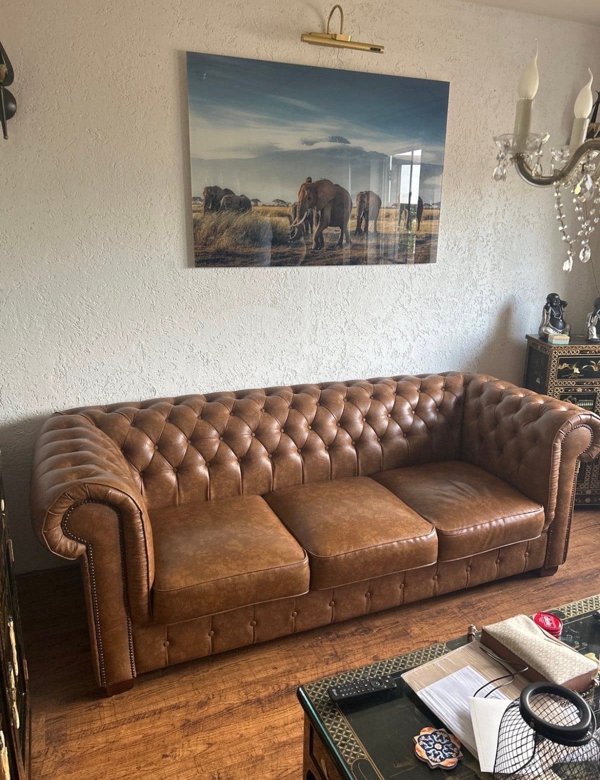 Gebruikte Chesterfield bank met lichte gebruikssporen, Huis en Inrichting, Ophalen, Gebruikt, Driepersoons, Rechte bank