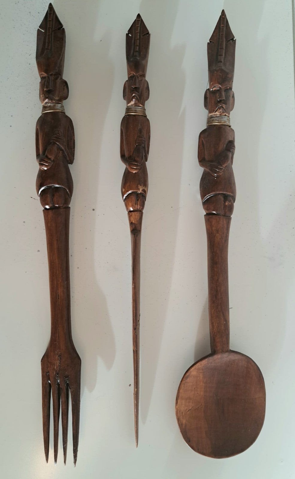 Vintage Afrikaanse houten vork mes lepel set salade servers, Antiek en Kunst, Ophalen of Verzenden
