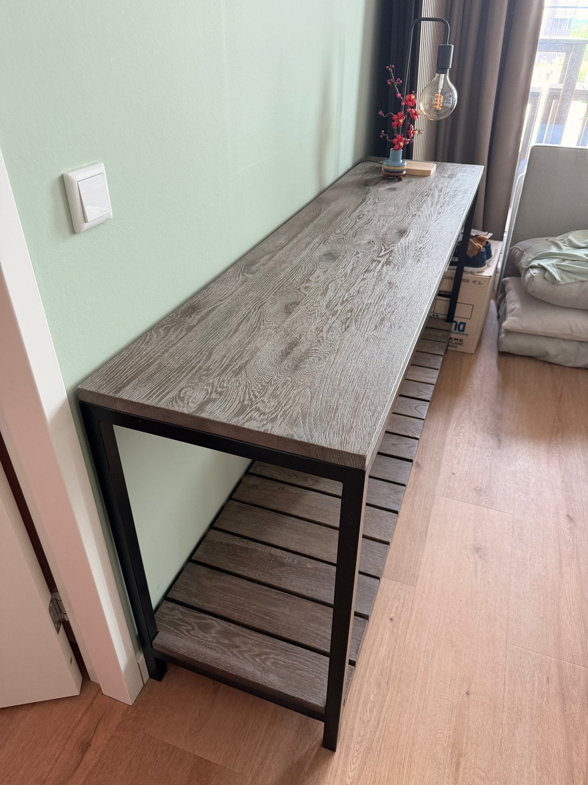 Lange smalle sidetable/console tafel met metalen frame, Gebruikt, 150 tot 200 cm, Industrieel, Ophalen