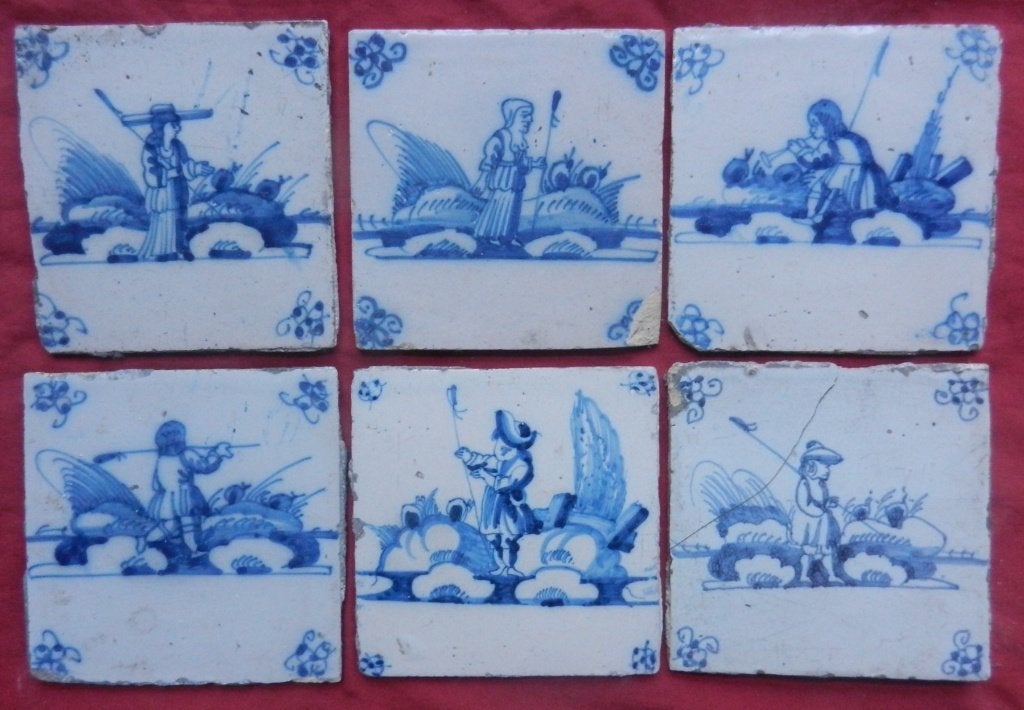 Zes blauwwitte tegels met pastorale scenes / herders 1650/90, Ophalen of Verzenden