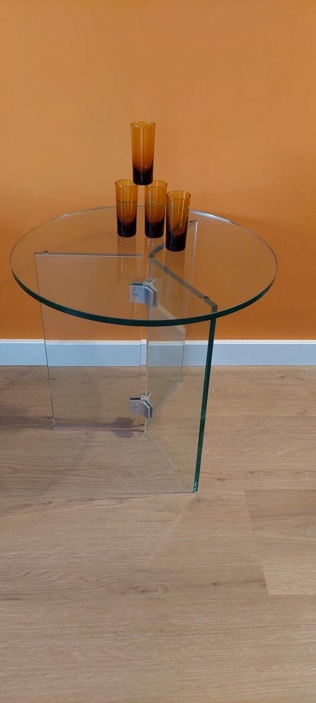 Design bijzettafel tafel  Volledig gehard glas & RVS chroom, Eu, Rond, Eu, Vintage jaren 70/80