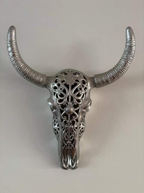 Wanddecoratie gewei van een rund, zilver Ibiza stijl bewerkt, Zilver, 49 cm, 57 cm, Ophalen of Verzenden