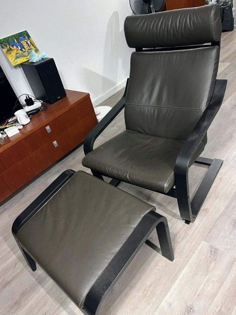 Rare IKEA Poang brown leather chair set, Huis en Inrichting, Stoelen, Ophalen, Gebruikt, Bruin, Eén