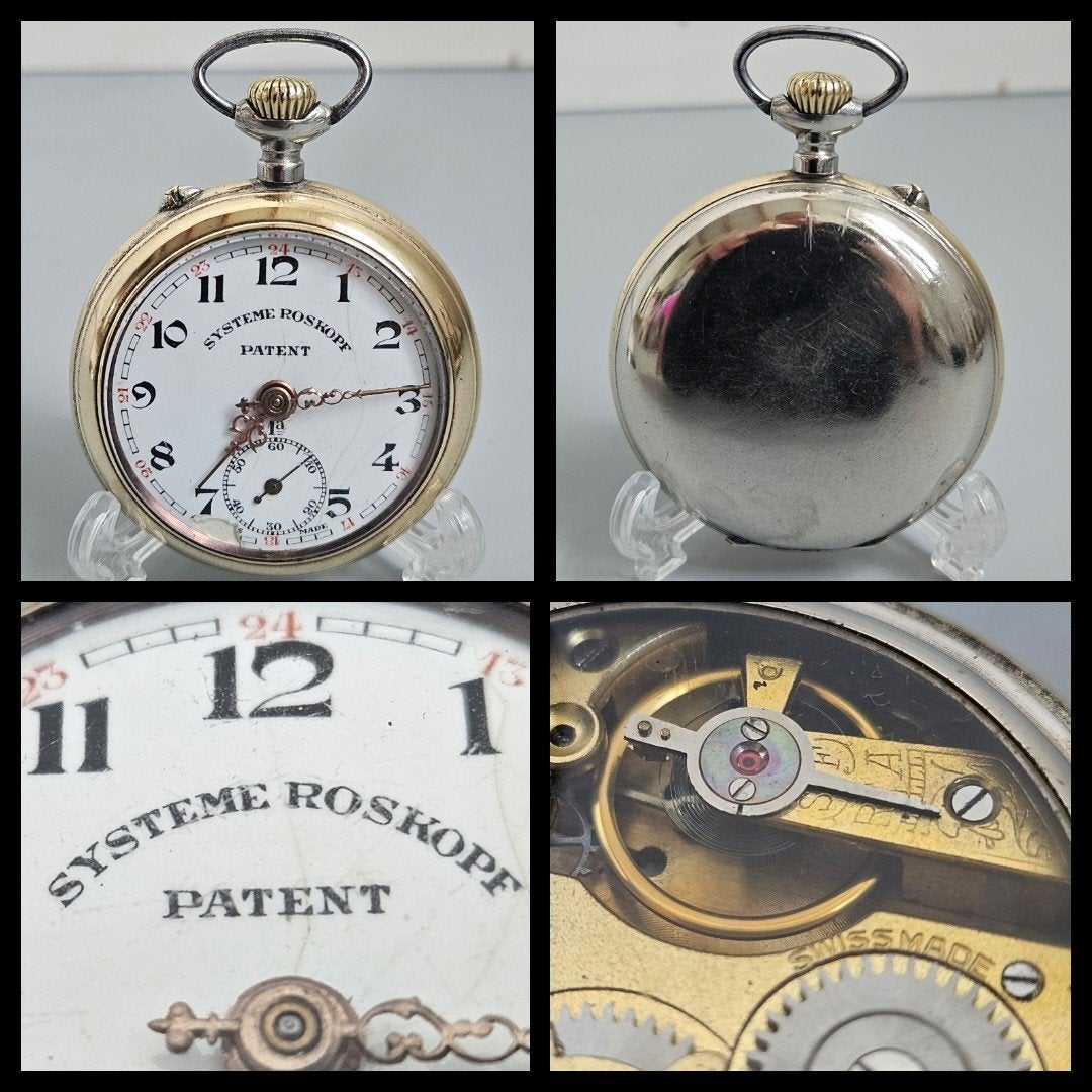 Antiek heren zakhorloge,  Roskopf, doorzichtig stofdeksel, Ophalen of Verzenden