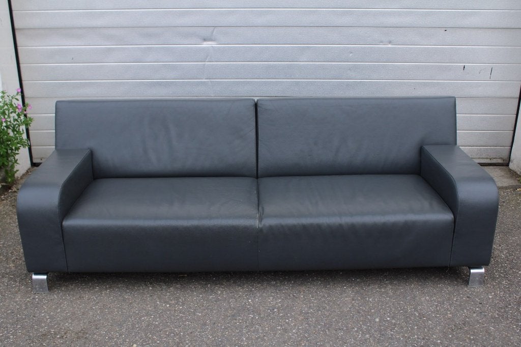 Leolux B-Flat Bank - Grijs Leer, Verstelbare Rugleuningen, Modern design, Gebruikt, 100 tot 125 cm, Driepersoons