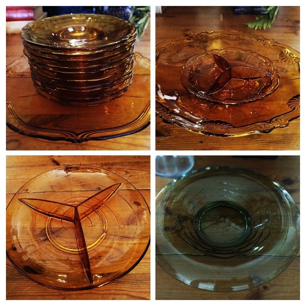 Diversen amber persglas gebaksstel + 10 bordjes + schaal 2x, Ophalen of Verzenden