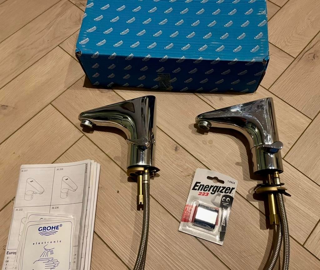 2x Grohe Europlus E automatische mengkranen, Ophalen of Verzenden, Gebruikt, Chroom, Kraan