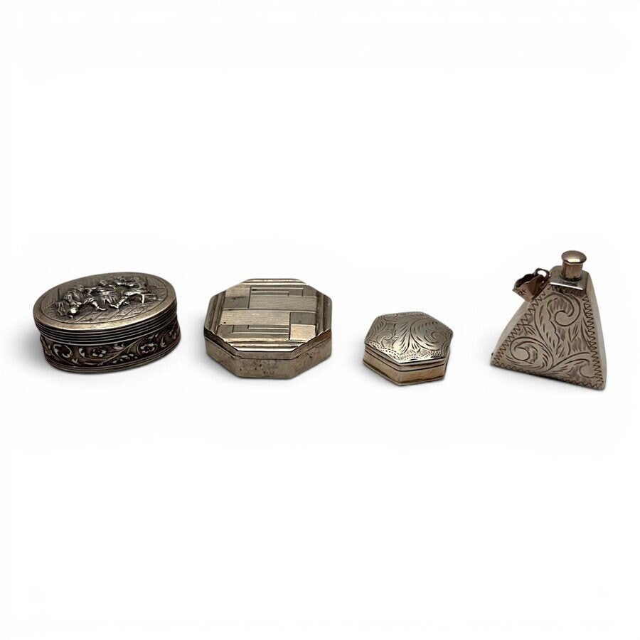 Lot zilveren doosjes en flesje (4x), Antiek en Kunst, Ophalen of Verzenden, Zilver