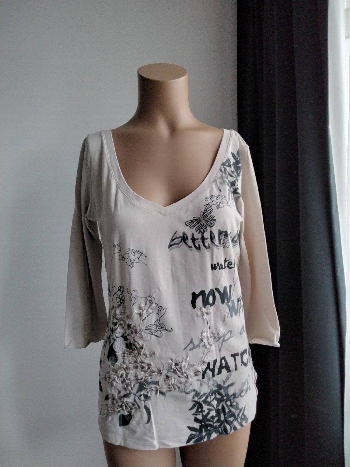 Marc Cain shirt met 3/4 mouw en print - Maat M, Maat 38/40 (M), Marc Cain, Beige, Ophalen of Verzenden