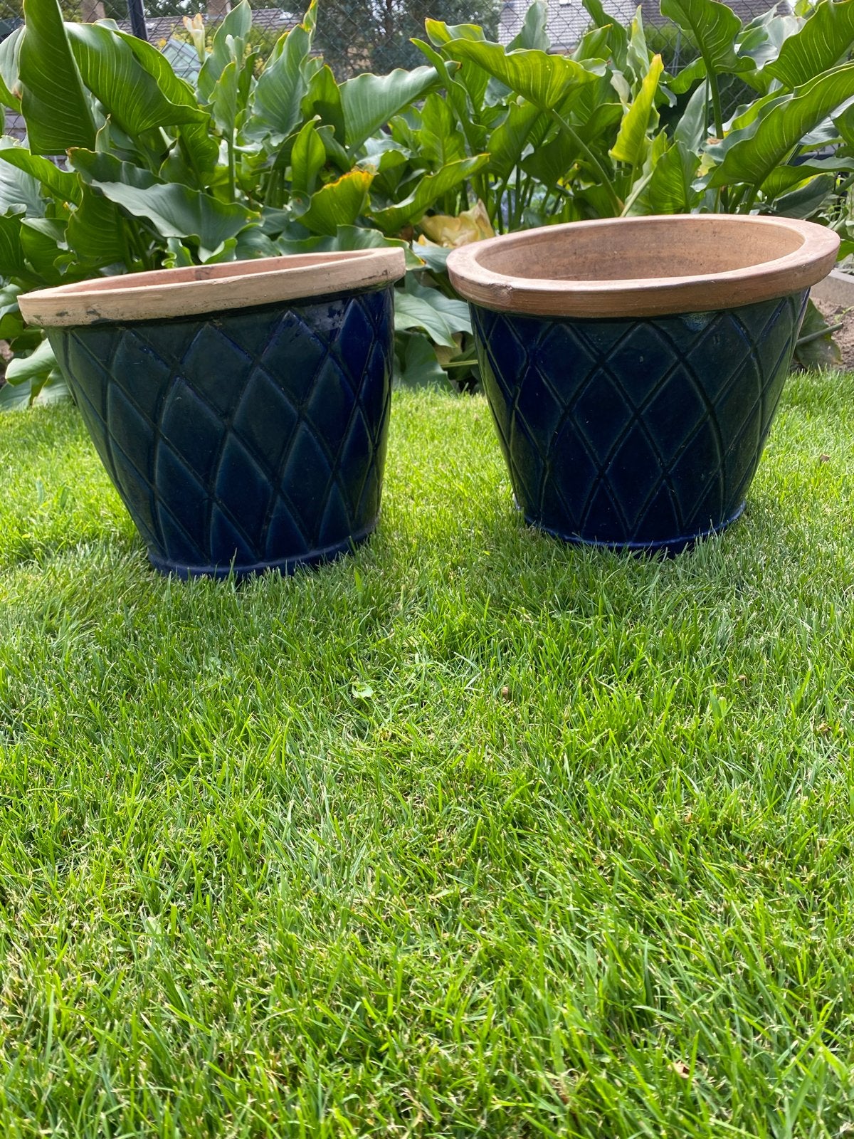 Set van 2 blauwe geglazuurde aardewerk bloempotten, Tuin en Terras, Bloempotten, Gebruikt, Rond, Binnen, Minder dan 40 cm