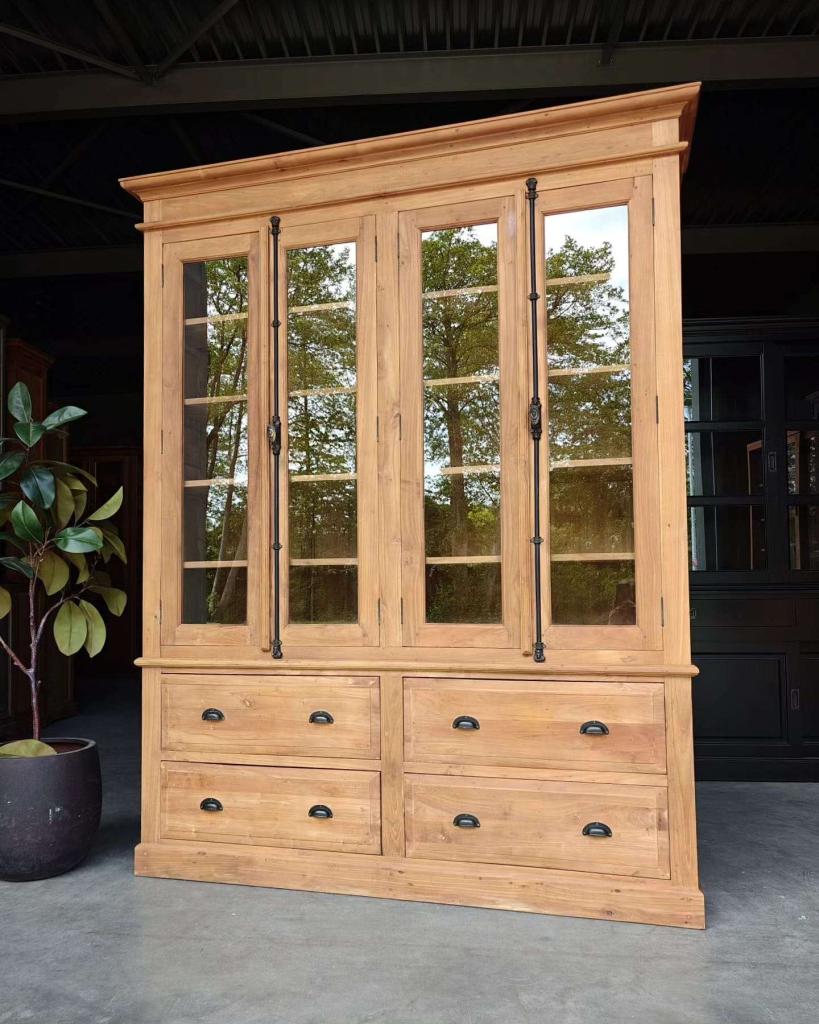 Stoere vitrinekast | Espagnolet | Buffetkast teak #0075, Niet ingevuld, Glas, Met deur(en), 200 cm of meer