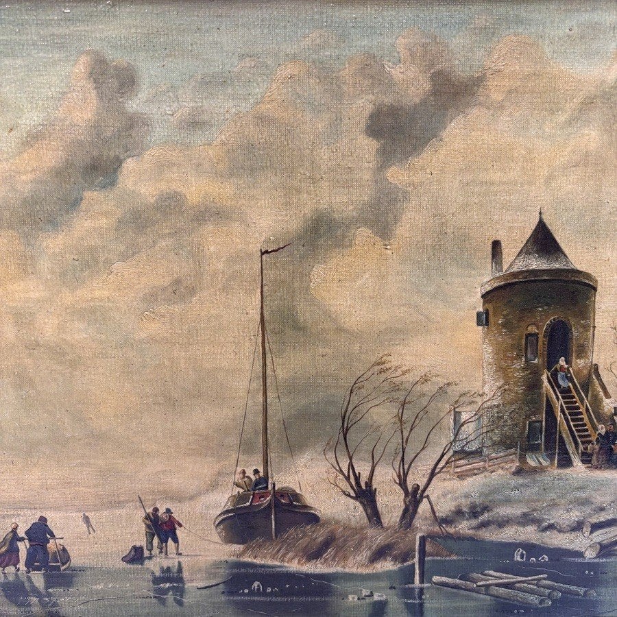 Hollandse School: figuren op het ijs, naar C.J. Leickert, Ophalen of Verzenden