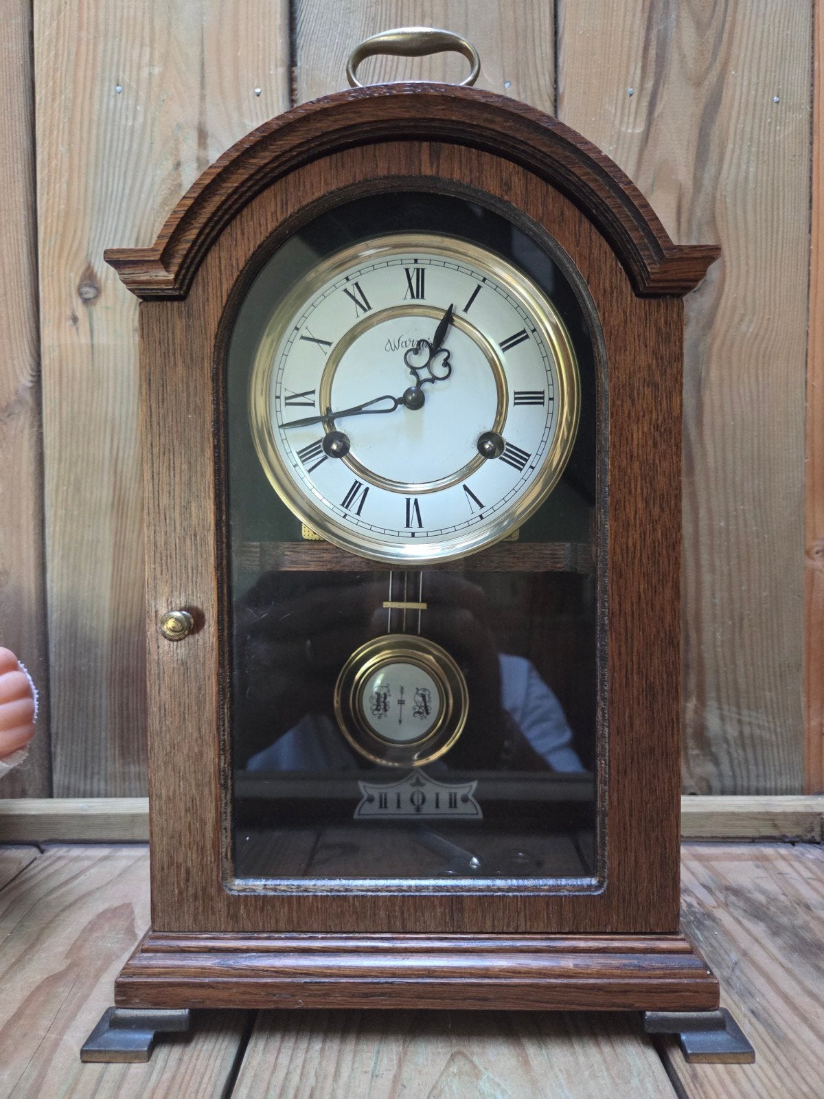 Antieke houten tafelklok met slinger - Hermle, Antiek en Kunst, Ophalen of Verzenden