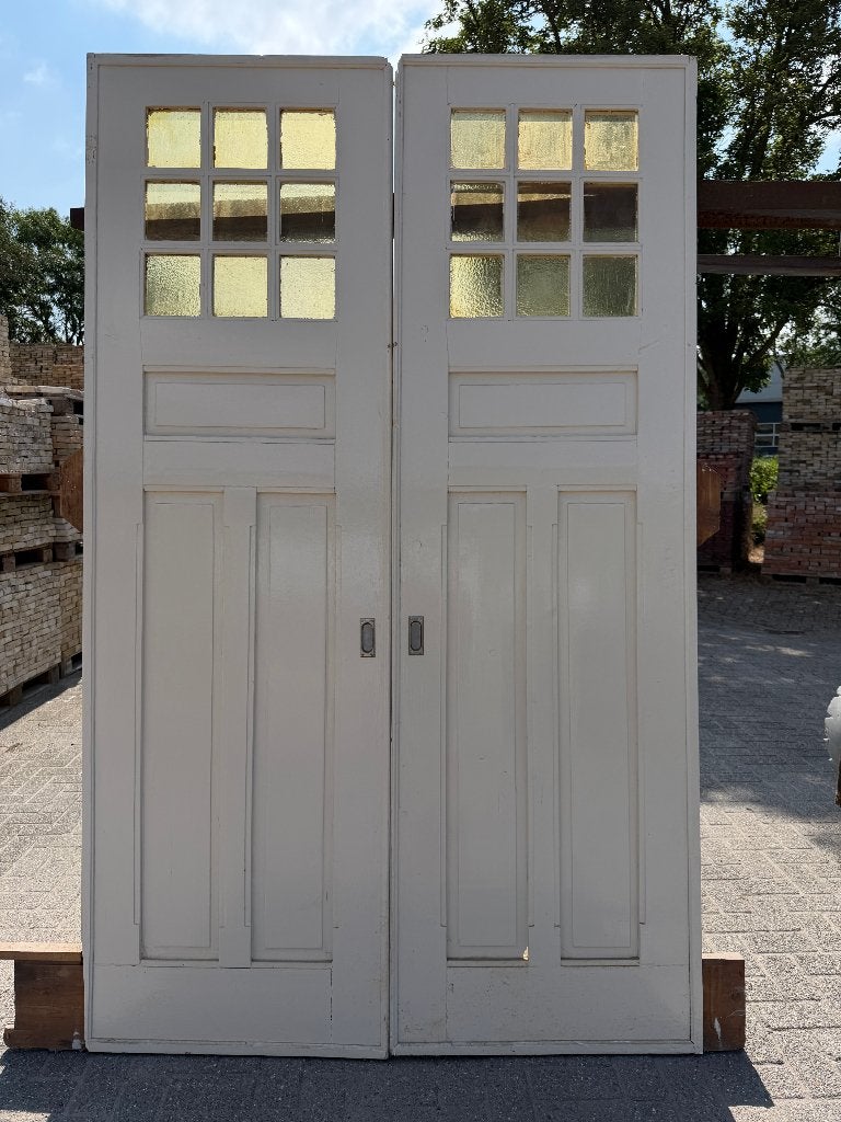 Set schuif / en-suite deuren met geel glas 248x150cm., Antiek en Kunst, Curiosa en Brocante, Ophalen