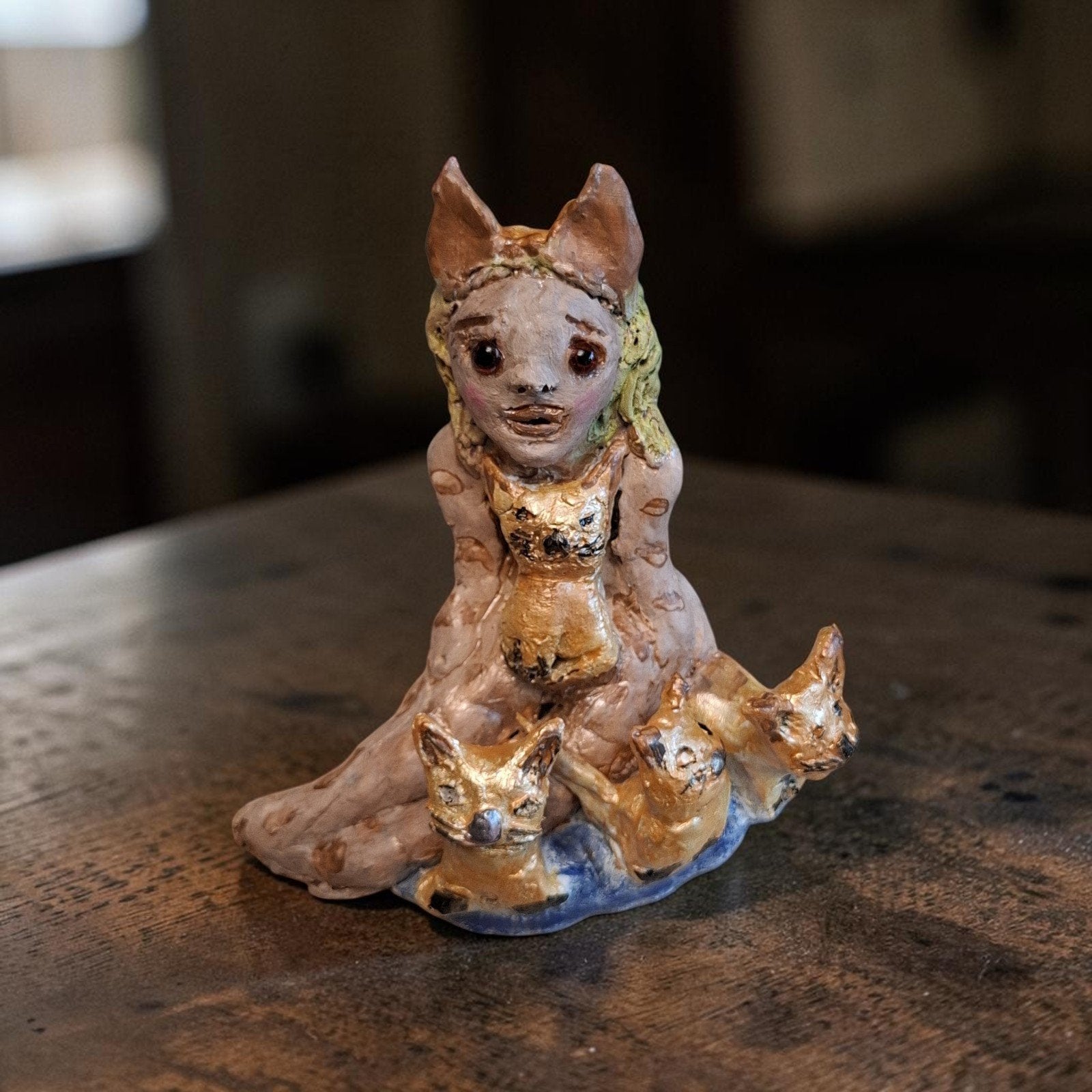 Handgemaakte Kattenvrouw Sculptuur met Kittens, Ophalen of Verzenden