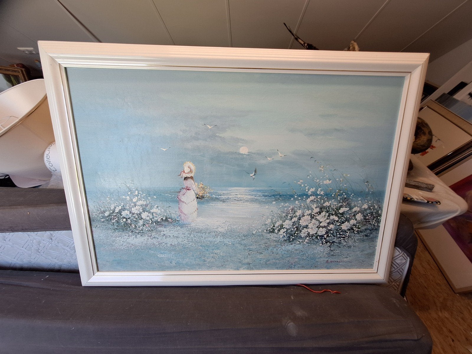 Schilderij op doek: Vrouw aan zee met bloemen, Ophalen, Maritiem / water, Doek, Realistisch