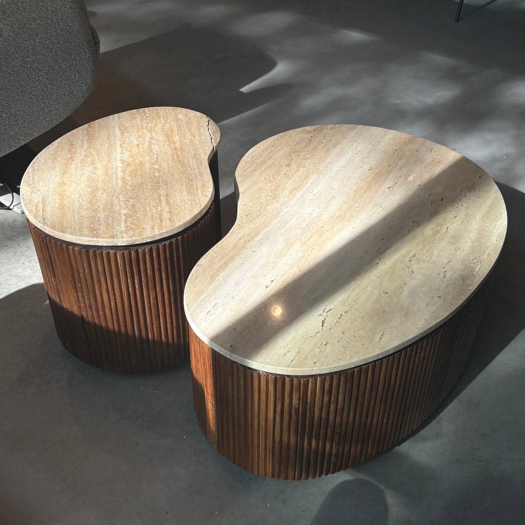 salon organisch set van 2 travertine mango Japandi, Huis en Inrichting, Tafels | Salontafels, Ophalen, Japandi, 50 tot 100 cm