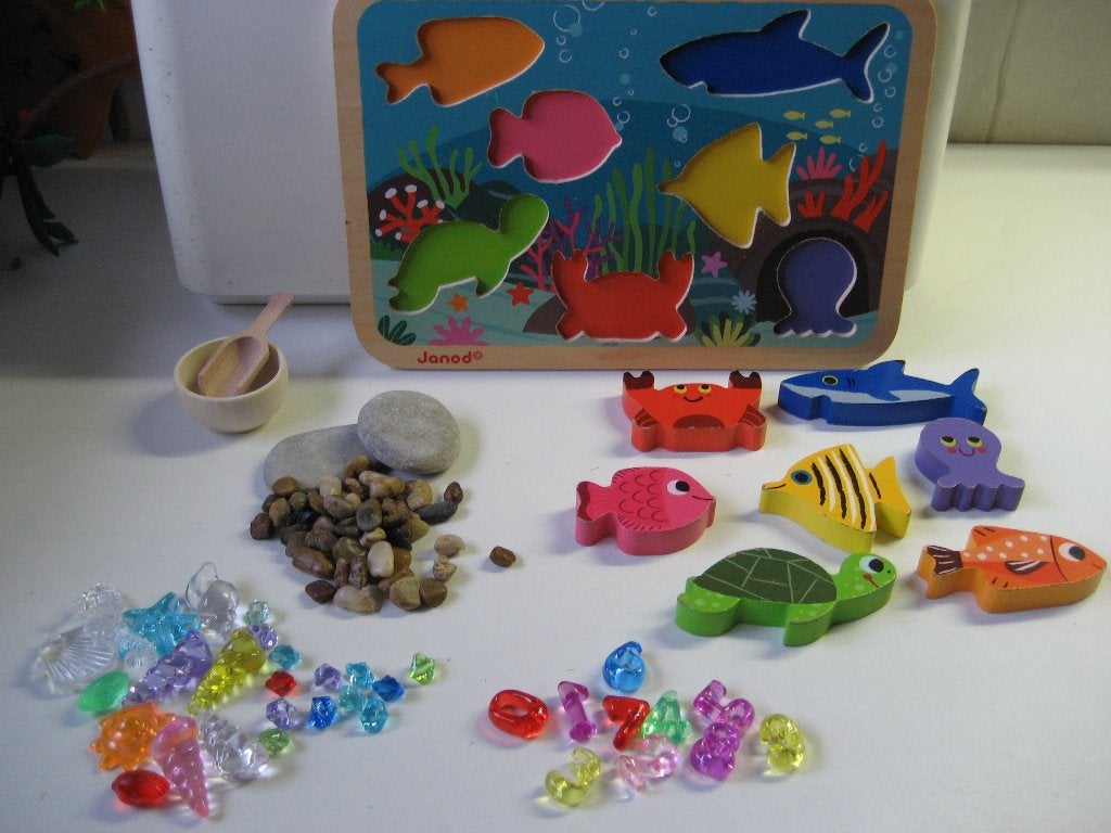 speelset sensorisch thema water met houten figuren, Ophalen of Verzenden, Zo goed als nieuw
