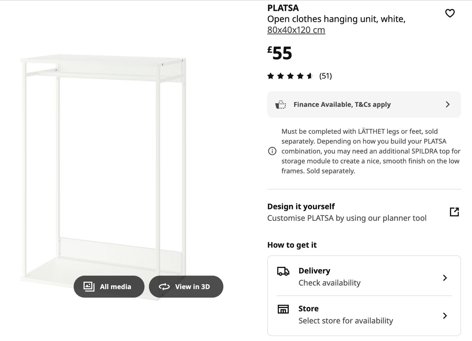 IKEA PLATSA Open kledingrek, wit, 80x40x120 cm, Ophalen, Met plank(en), 100 tot 150 cm, 50 tot 100 cm