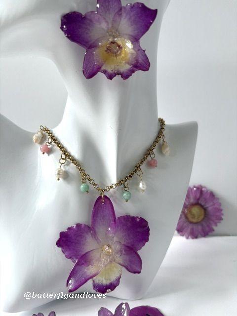 Prachtige set echte Orchidee oorbellen + ketting Cadeau dame, Ophalen, Overige materialen, Hangers, Nieuw