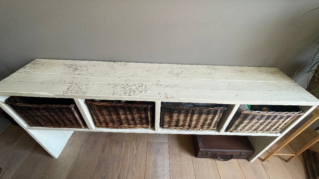 Steiger houten sidetable (incl rieten manden), Huis en Inrichting, Tafels | Sidetables, Ophalen, 100 tot 150 cm, Zo goed als nieuw
