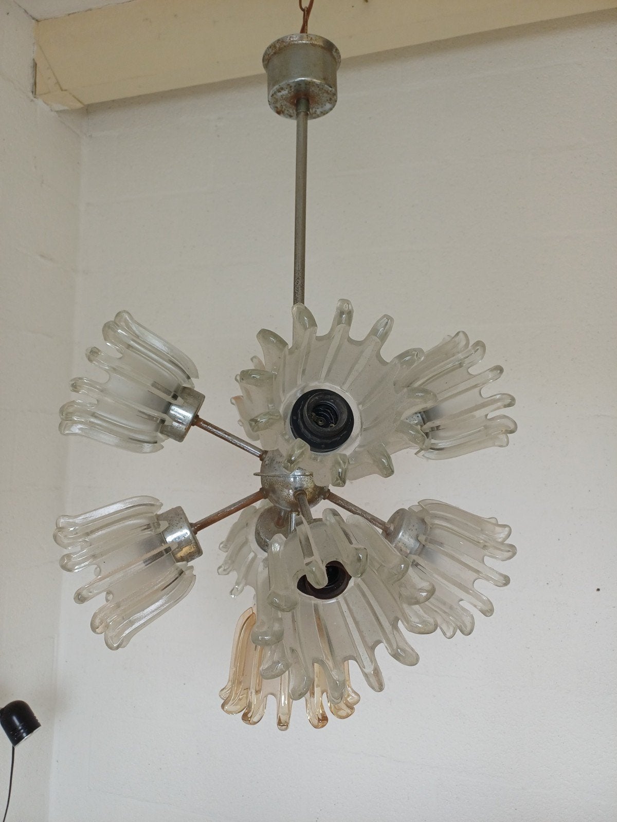 Doria Sputnik-kroonluchter jaren 60 met 9 glazen tulpen, Huis en Inrichting, Ophalen, Gebruikt, Glas, Sputnik, Mid-century Modern, Vintage