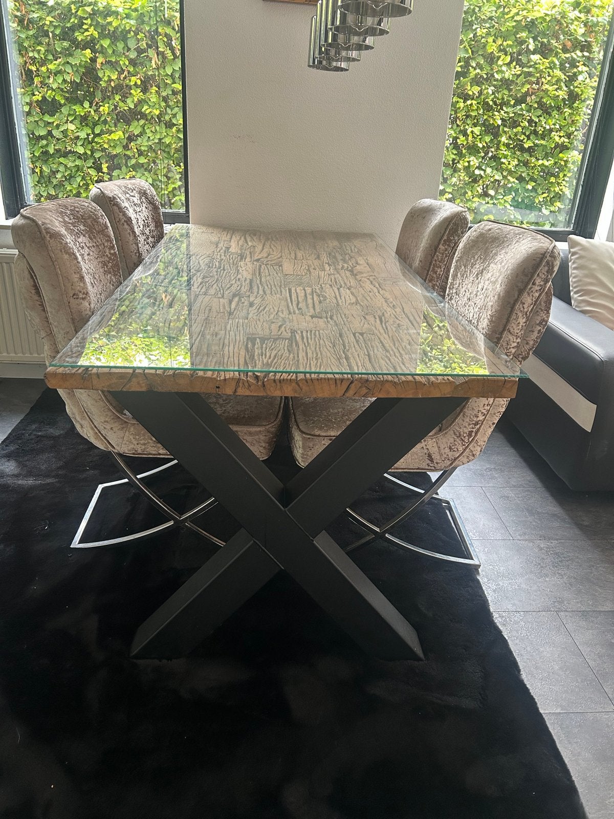 Moderne Eettafel met Glasplaat en Zilver Onderstel, Ophalen, Gebruikt, 50 tot 100 cm, Glas