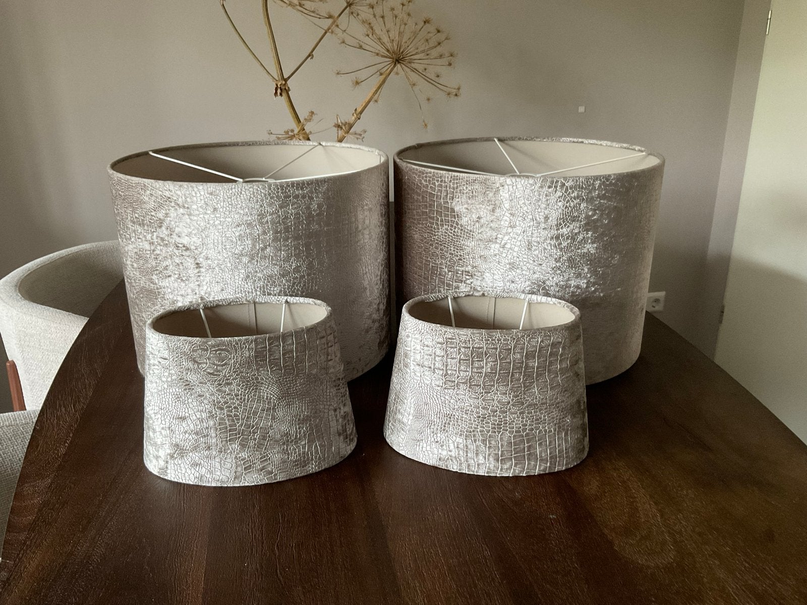 Set van 2 grote & 2 kleine velvet (panterprint) lampenkappen, Meerkleurig, Rond, 30 cm, Zo goed als nieuw