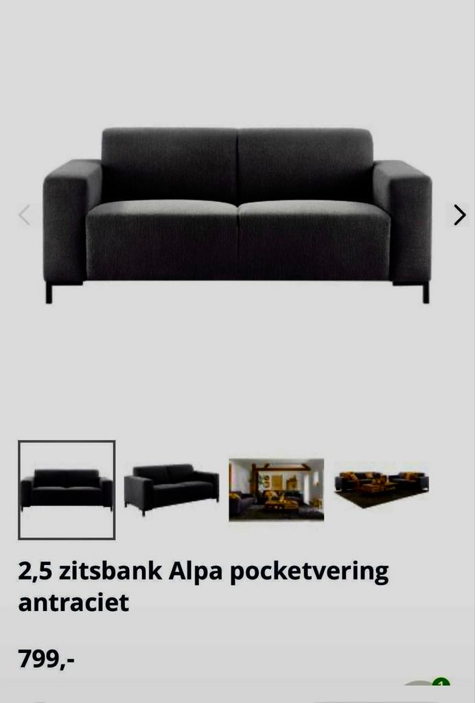 2,5-zitsbank Alpa pocketvering antraciet, Gebruikt, Tweepersoons, 75 tot 100 cm, Ophalen of Verzenden