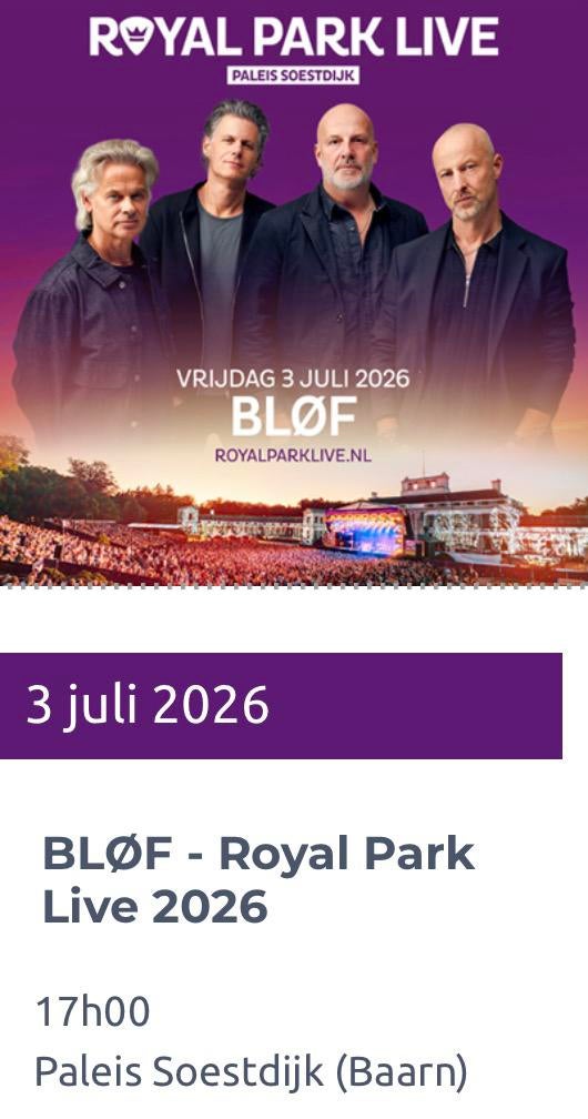 1 x staanplaats Royal Park Bløf 3 juli, Tickets en Kaartjes, Eén persoon, Juli