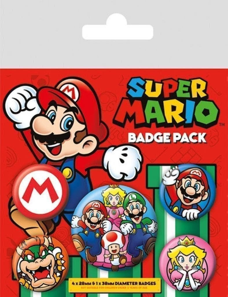 Super Mario Buttons / Badges - 5 stuks, Hobby en Vrije tijd, Feestartikelen, Nieuw, Versiering, Verjaardag, Ophalen of Verzenden