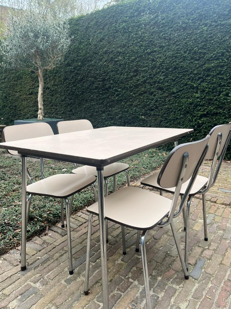 Retro Vintage Eettafel met 4 Stoelen - Formica, Ophalen, Overige materialen, Gebruikt, 100 tot 150 cm