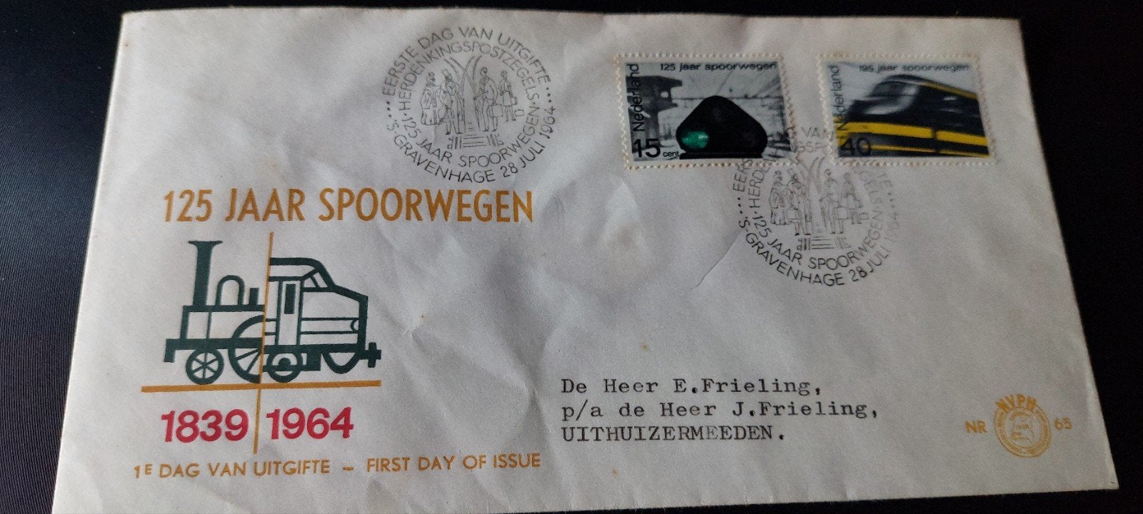 Eerste dag envelope e65 125 jaar spoorwegen zegels 1964, Postzegels en Munten, Postzegels | Eerstedagenveloppen, Ophalen, Beschreven