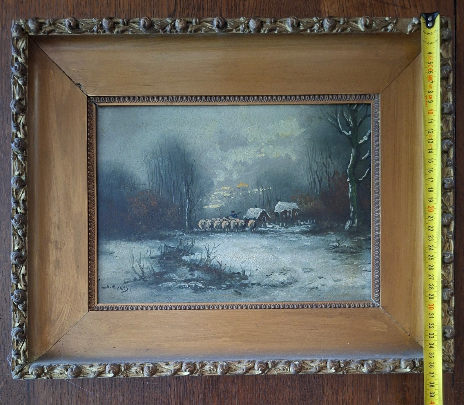 Winterlandschap met schapen en herder, gesigneerd, Ophalen, Doek, Landschap, Klassiek