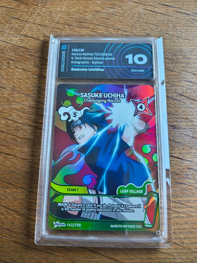 Naruto Mythos, Sasuke promo card. Ai grading 10, Ophalen of Verzenden, Nieuw, Losse kaart, Foil