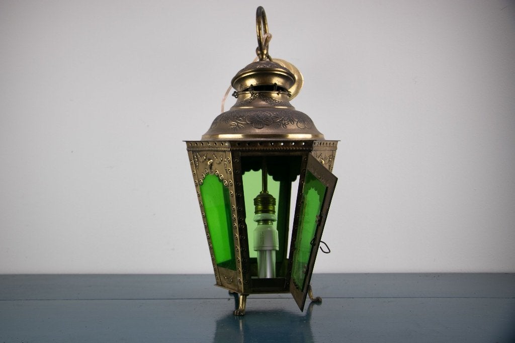 Koperen hallantaarn met groen glas, vintage, Ophalen of Verzenden