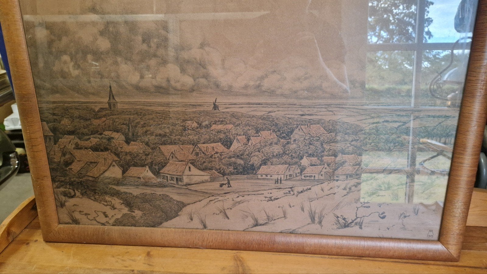 grote litho Simon Moulijn. Gezicht op Walcheren, Ophalen, Landschappen, Lithografie