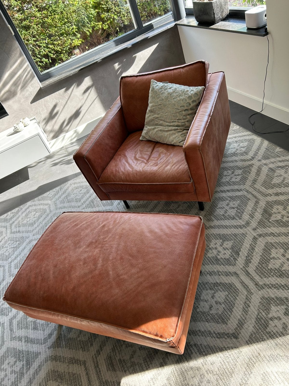 Leren fauteuil incl. hocker van Loods5, Ophalen, Zo goed als nieuw, 75 tot 100 cm, Leer