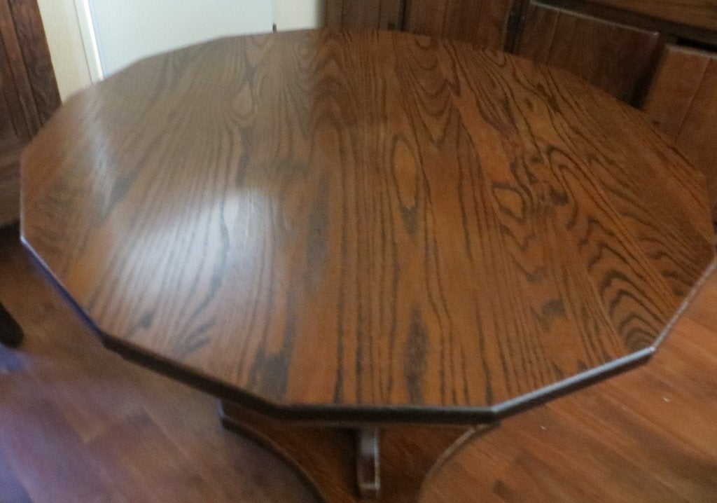 Ronde massief eiken eetkamer tafel doorsnee 114 cm zgan, Ophalen, Zo goed als nieuw, Vier personen, 100 tot 150 cm
