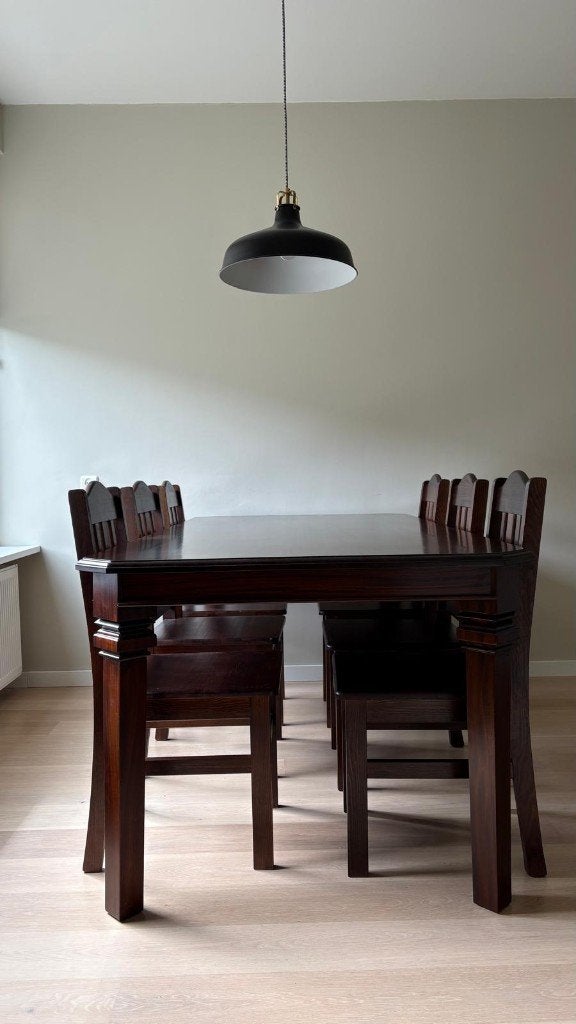 Massief mahonie eettafel + 6 stoelen | Zo goed als nieuw, Ophalen, 200 cm of meer, 50 tot 100 cm, Zo goed als nieuw