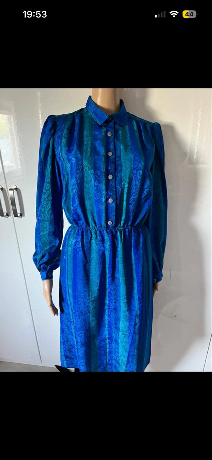 Vintage Fred Sabatier Jurk - Blauw/Groen Paisley Patroon, Blauw, Maat 42/44 (L), Ophalen of Verzenden, Gedragen