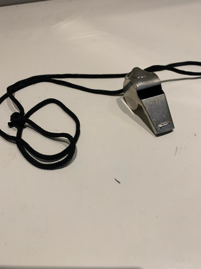 Metalen fluit met koord, Ophalen, Gebruikt, Jongen of Meisje