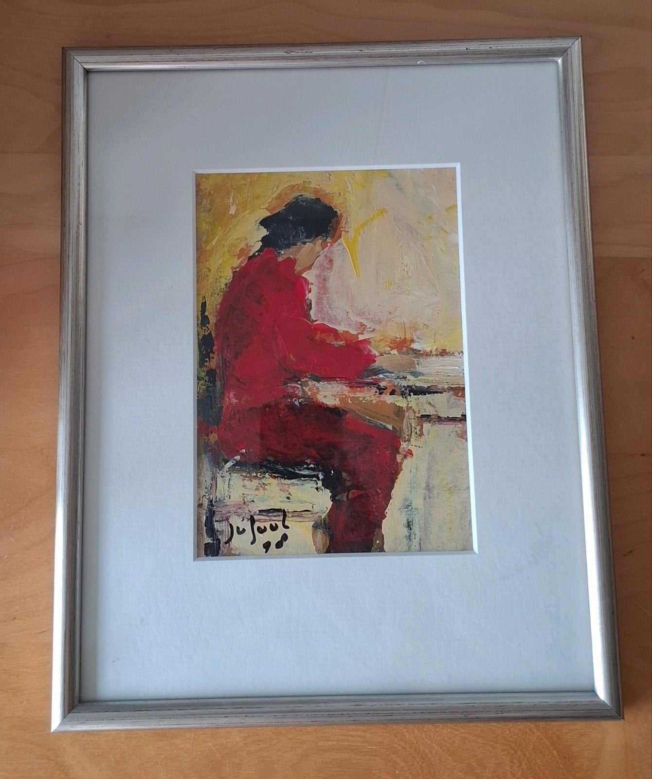 Expressief schilderij van een vrouw aan de piano, gesigneerd, Figuren, Papier/karton, Ophalen of Verzenden, Olieverf