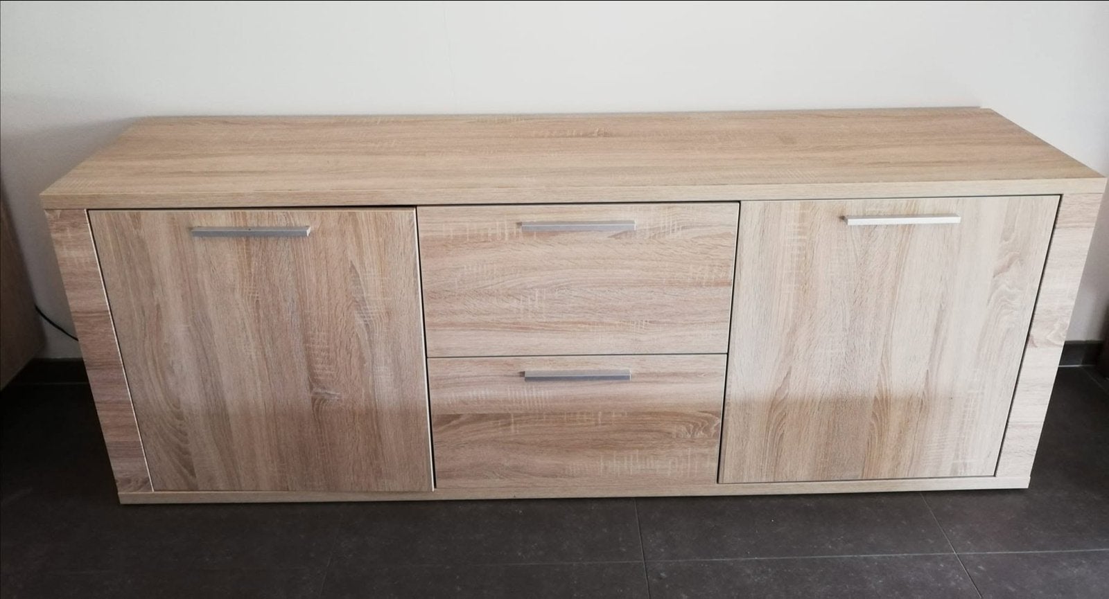 Moderne dressoir/tv-meubel set in lichte houtkleur, Ophalen, Gebruikt, 150 tot 200 cm, Met lade(s)