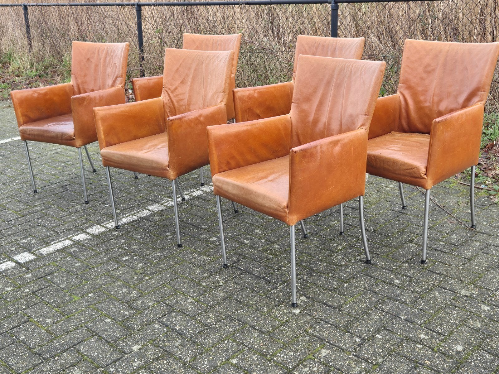 6 bert plantagie design eetkamerstoelen Arc leer licht bruin, Ophalen, Gebruikt, Bruin, Design
